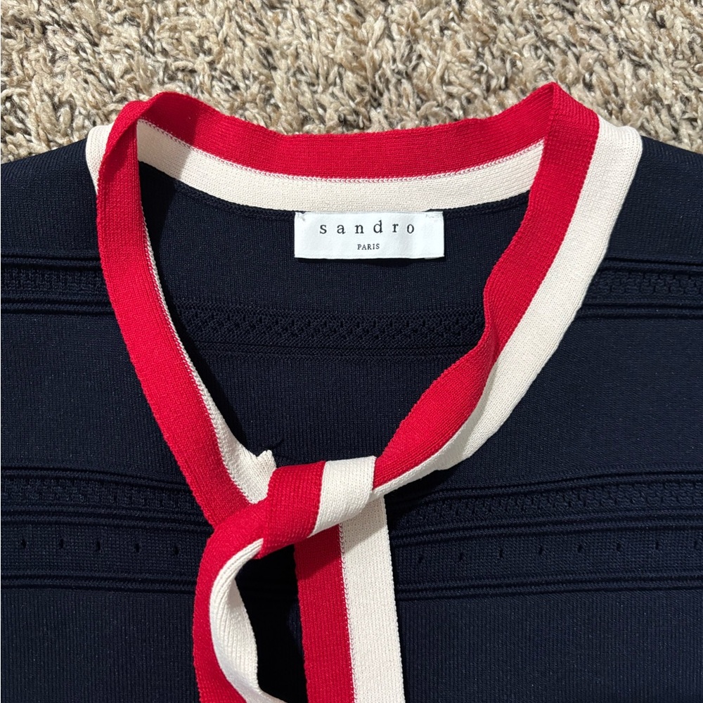 Sandro Blue and Red Ribbed Midi Dress with Mandarin Collar